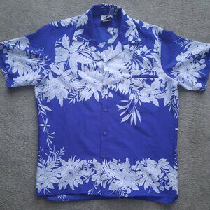 Hilo Hattie Hawaiian Floral Blue Camp Shirt Men's Large Beach Vacation USA Made